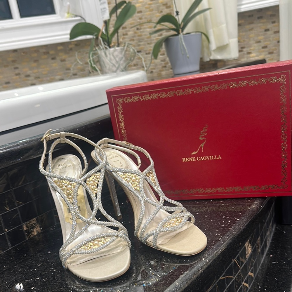 🌺🌺 NWT RENE CAOVILLA Elegant Gold & Silver Strappy High Heel Sandals - Women